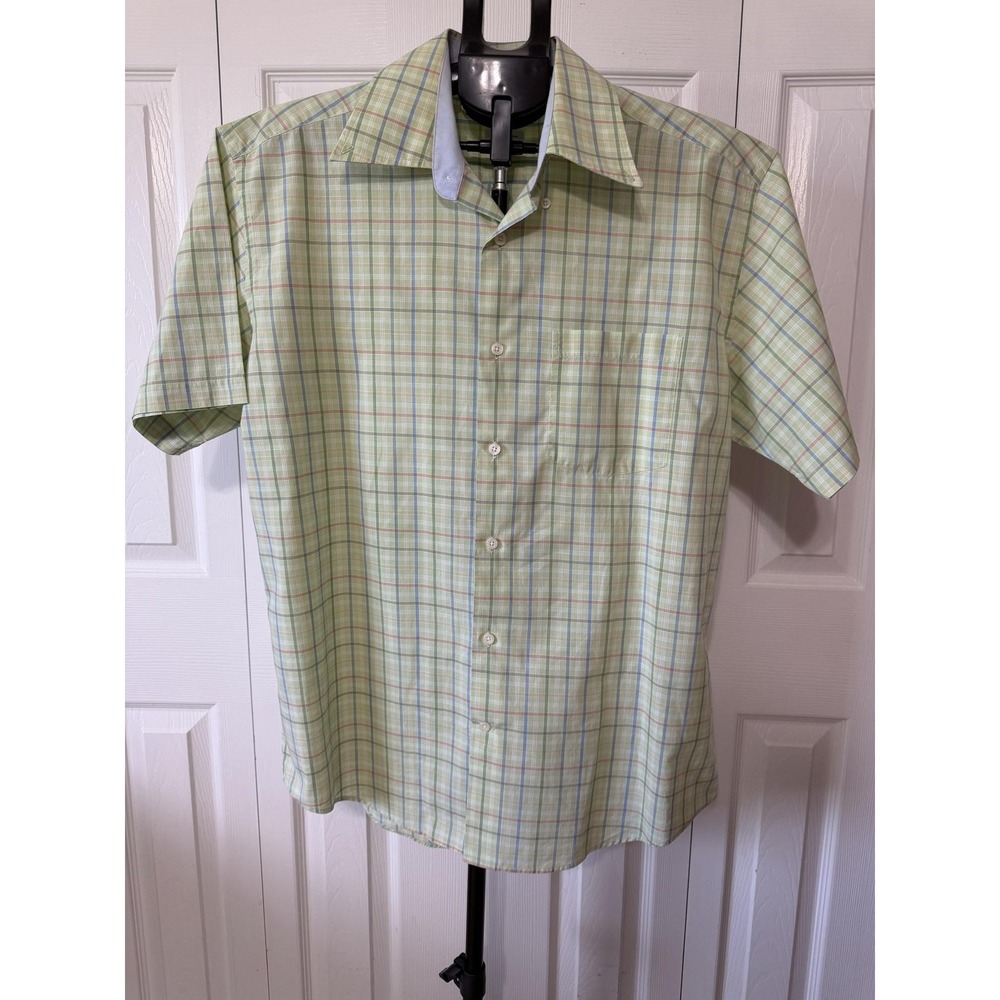 Alex Cannon Shirt Mens L Green Plaid Short Sleeve Button Up Cotton Casual Summer
